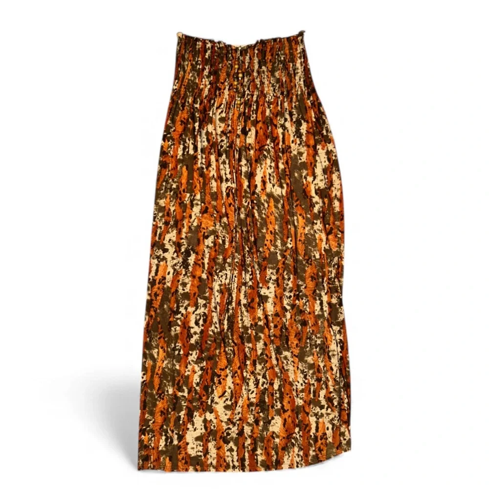 Caren Sport Smocked Maxi Dress w/ Beaded Halter Strap – Orange Brown Print Sz 1x - Picture 5 of 7